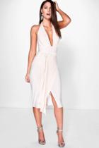 Boohoo Shahad Slinky Plunge Halter Wrap Skirt Dress Blush