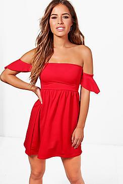 Boohoo Petite Imogen Off The Shoulder Skater Dress
