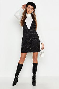 Boohoo Satin Jacquard Plunge Front Pinafore Dress