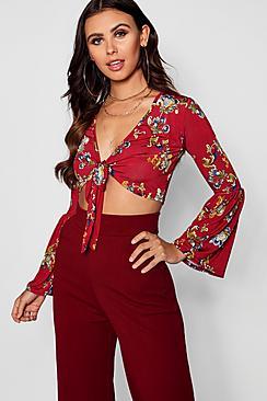 Boohoo Petite Bella Dark Floral Bell Sleeve Knot Front Top