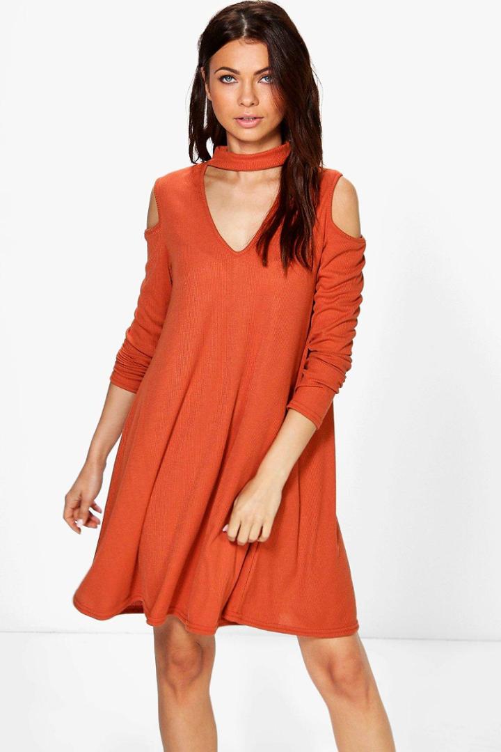 Boohoo Olivia Cold Shoulder Choker Rib Knit Swing Dress Amber LookMazing