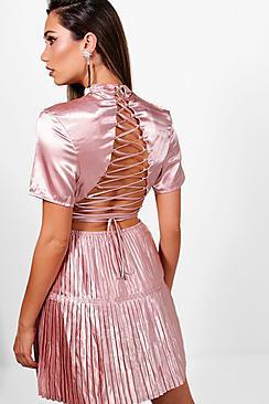 Boohoo Boutique Satin Pleat  Back Skater Dress