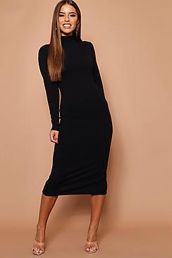 Boohoo Petite High Neck Jumbo Rib Midi Dress