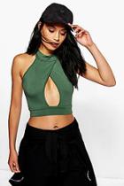 Boohoo Eliza Wrap Over High Neck Cut Out Crop