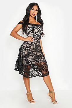 Boohoo Off The Shoulder Lace Skater Midi Dress