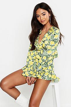 Boohoo Petite Lemon Print Ruffle Top & Short Co-ord