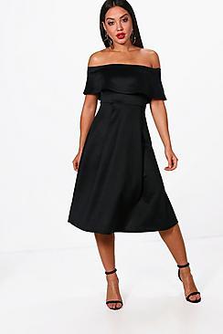 Boohoo Off The Shoulder Midi Skater Dress