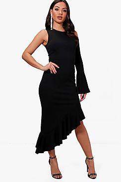 Boohoo Flo One Sleeve Cold Shoulder Ruffle Hem Maxi Dress