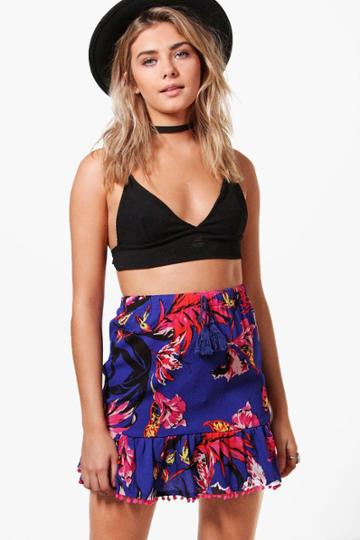 Boohoo Scarlet Floral Ruffle Hem Pom Pom Trim Skirt Royal