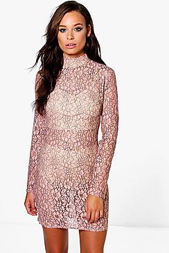Boohoo Emiko High Neck All Over Lace Bodycon Dress