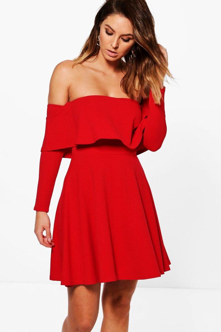Boohoo Marissa Off Shoulder Skater Dress Red