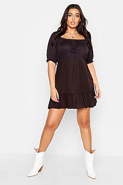 Boohoo Plus Rib Ruched Ruffle Skater Dress