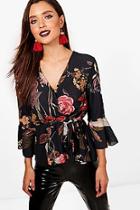 Boohoo Claire Floral Wrap Tie Side Blouse