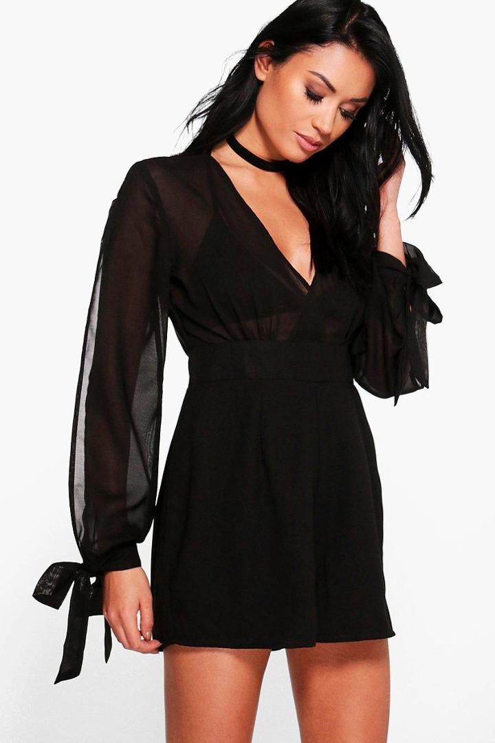 Boohoo Sofia Deep Plunge Chiffon Tie Sleeve Playsuit Black