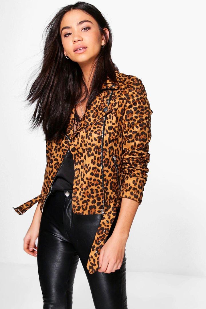 Boohoo Emily Leopard Print Biker Jacket Brown