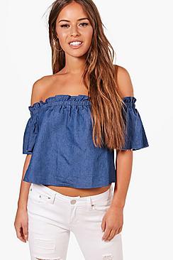 Boohoo Petite Emilie Stripe Ruffle Off The Shoulder Top