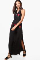 Boohoo Tall Elisa Embroidered Pom Pom Trim Maxi Dress Black