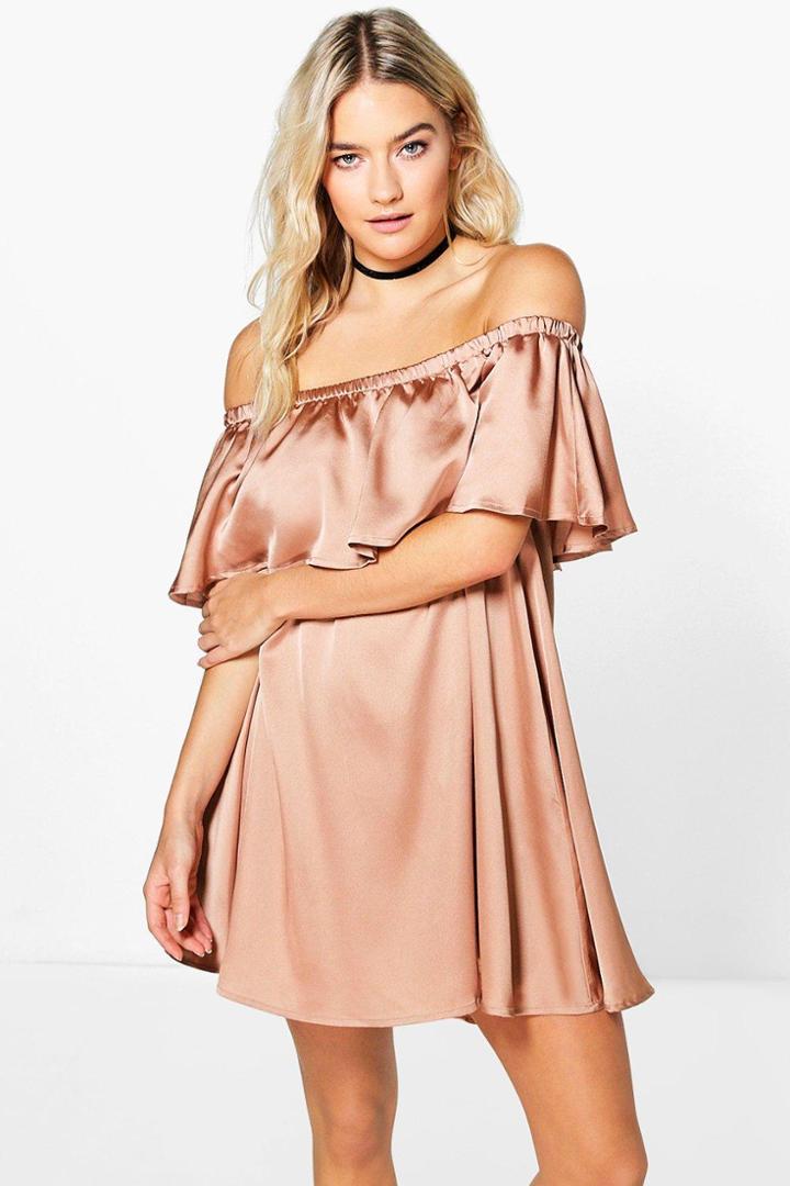 Boohoo Kyra Satin Frill Off Shoulder Shift Dress Champagne