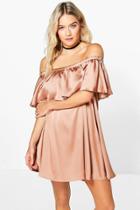 Boohoo Kyra Satin Frill Off Shoulder Shift Dress Champagne