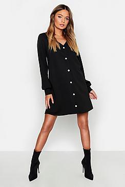 Boohoo Pearl Button Through Balloon Sleeve Shift Dress