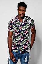 Boohoo Navy Tropical Floral Print Short Sleeve Revere Shirt