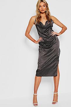 Boohoo Tall Polka Dot Satin Cowl Neck Midi Dress