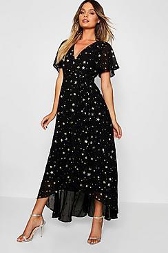 Boohoo Metallic Star Print Wrap Maxi Dress