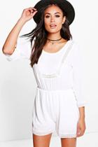 Boohoo Ava Crochet Trim Wide Sleeve Playsuit Ivory