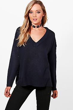 Boohoo Libby V-neck Loose Fit Side Seam Jumper