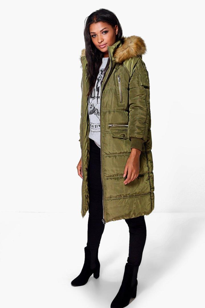 Boohoo Boutique Maisie Duvet Coat With Faux Fur Hood Khaki