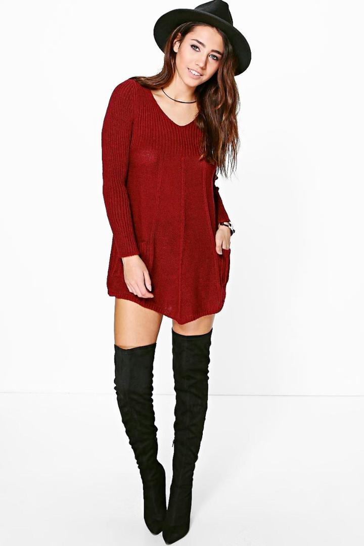 Boohoo Grace Knitted Swing Dress Wine