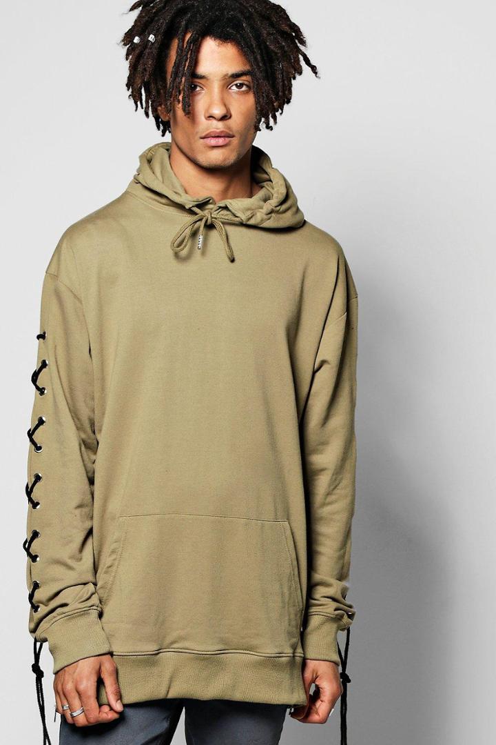 Boohoo Oversized Lace Up Hoodie Khaki