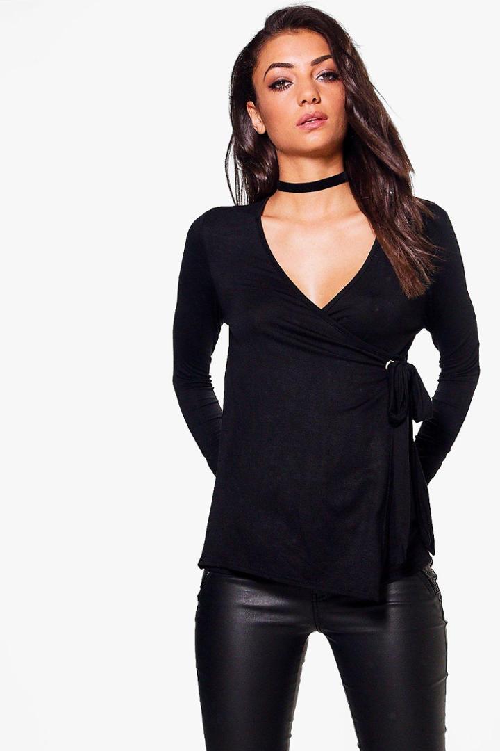 Boohoo Tall Nara Wrap Front Buckle Detail Top Black