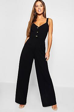 Boohoo Petite Button Detail Wide Leg Jumpsuit