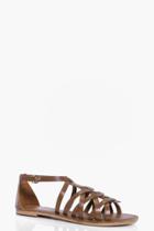 Boohoo Florence Leather Woven Gladiator Flat Sandal Tan