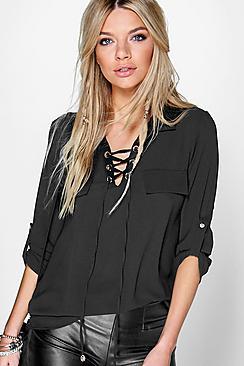 Boohoo Lauren Lace Front Woven Blouse