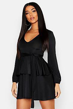 Boohoo Plunge Front Slinky Belted Skater Dress