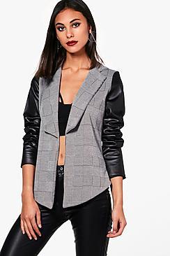 Boohoo Maddie Check Contrast Pu Sleeve Blazer