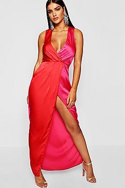 Boohoo Colour Block Satin Maxi Dress