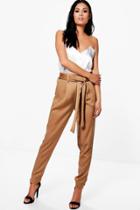 Boohoo Gracie Luxe Satin Woven Slim Fit Trousers Sand