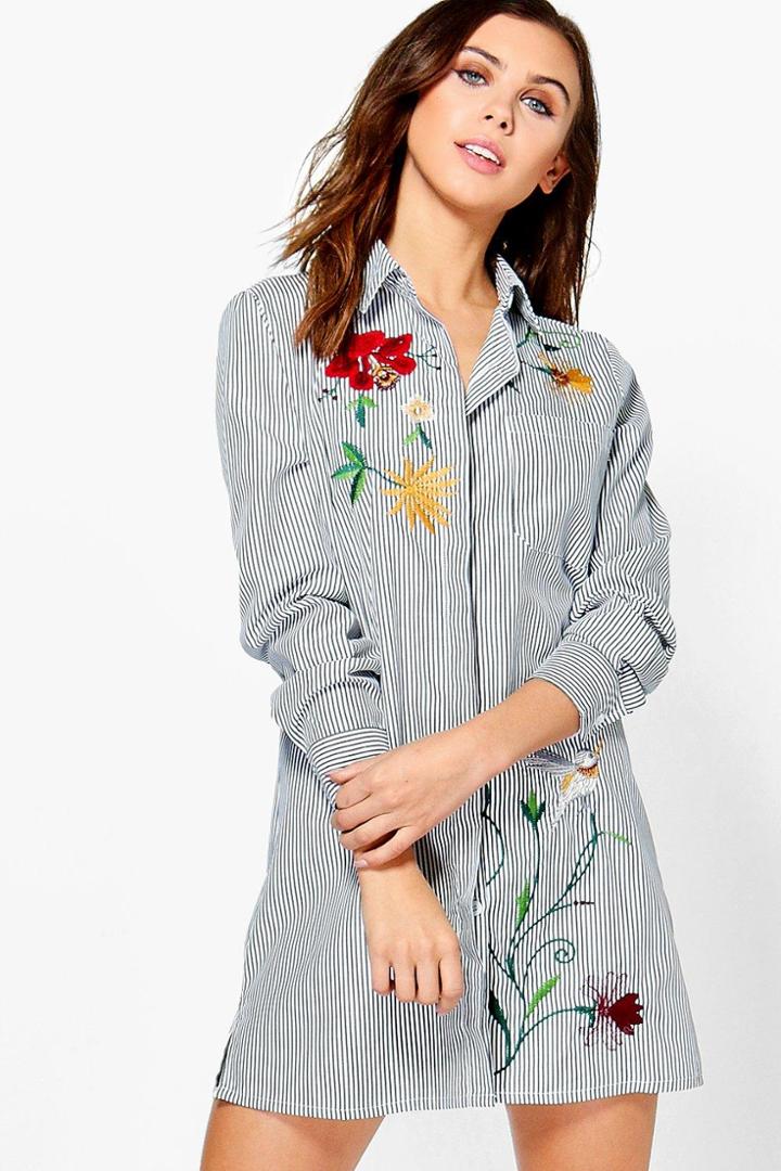 Boohoo Petite Tanya Embroidered Stripe Shirt Dress Black