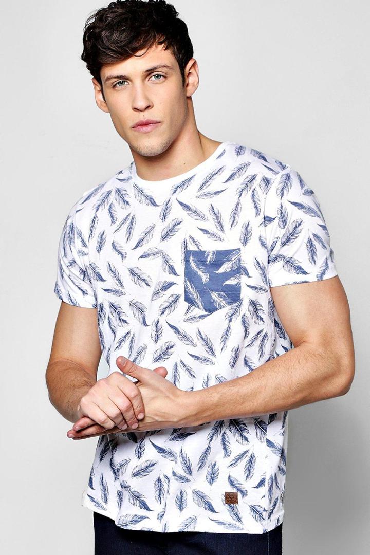 Boohoo All Over Feather Print T Shirt White