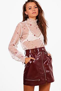 Boohoo Aria Embroidered Mesh High Neck Top