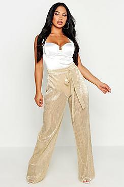 Boohoo Metallic Pleated Plisse Tie Waist Trousers