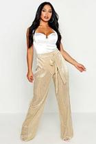 Boohoo Metallic Pleated Plisse Tie Waist Trousers