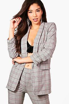 Boohoo Amy Check Ruched Sleeve Blazer