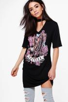 Boohoo Aly Choker Neck Printed Band T-shirt Dress Black