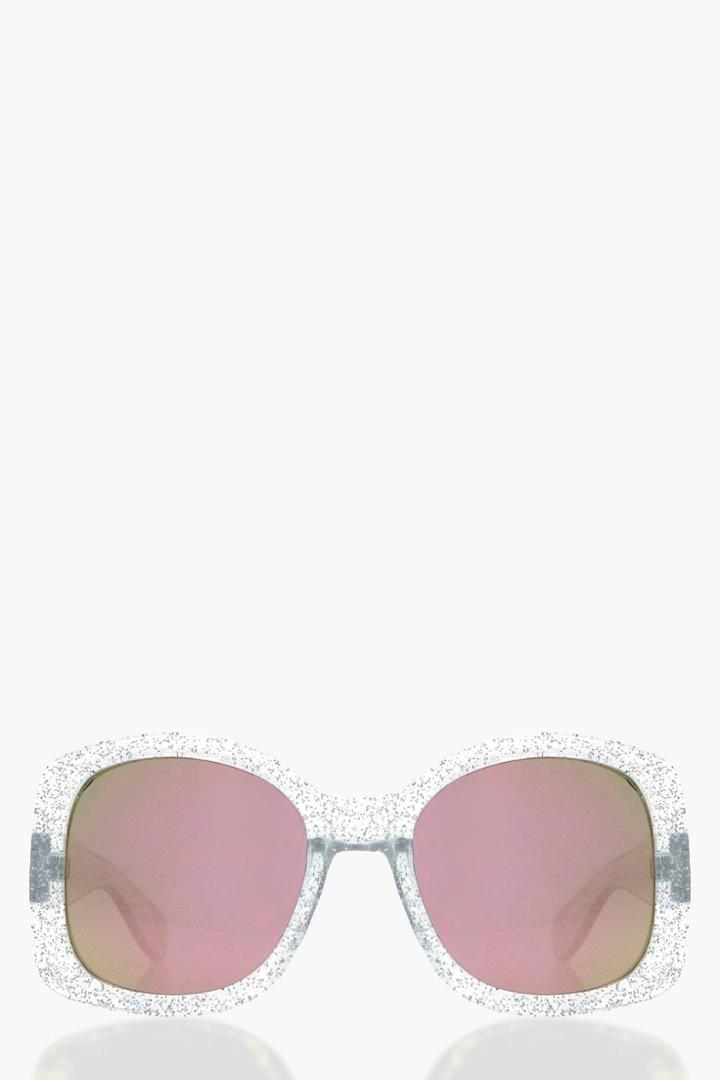 Boohoo Nancy Oversized Glitter Frame Sunglasses Silver
