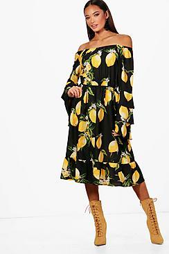 Boohoo Philly Lemon Off The Shoulder Ruffle Midi Dress