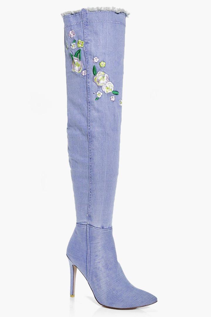 Boohoo Neve Denim Embroidered Thigh Boot Denim